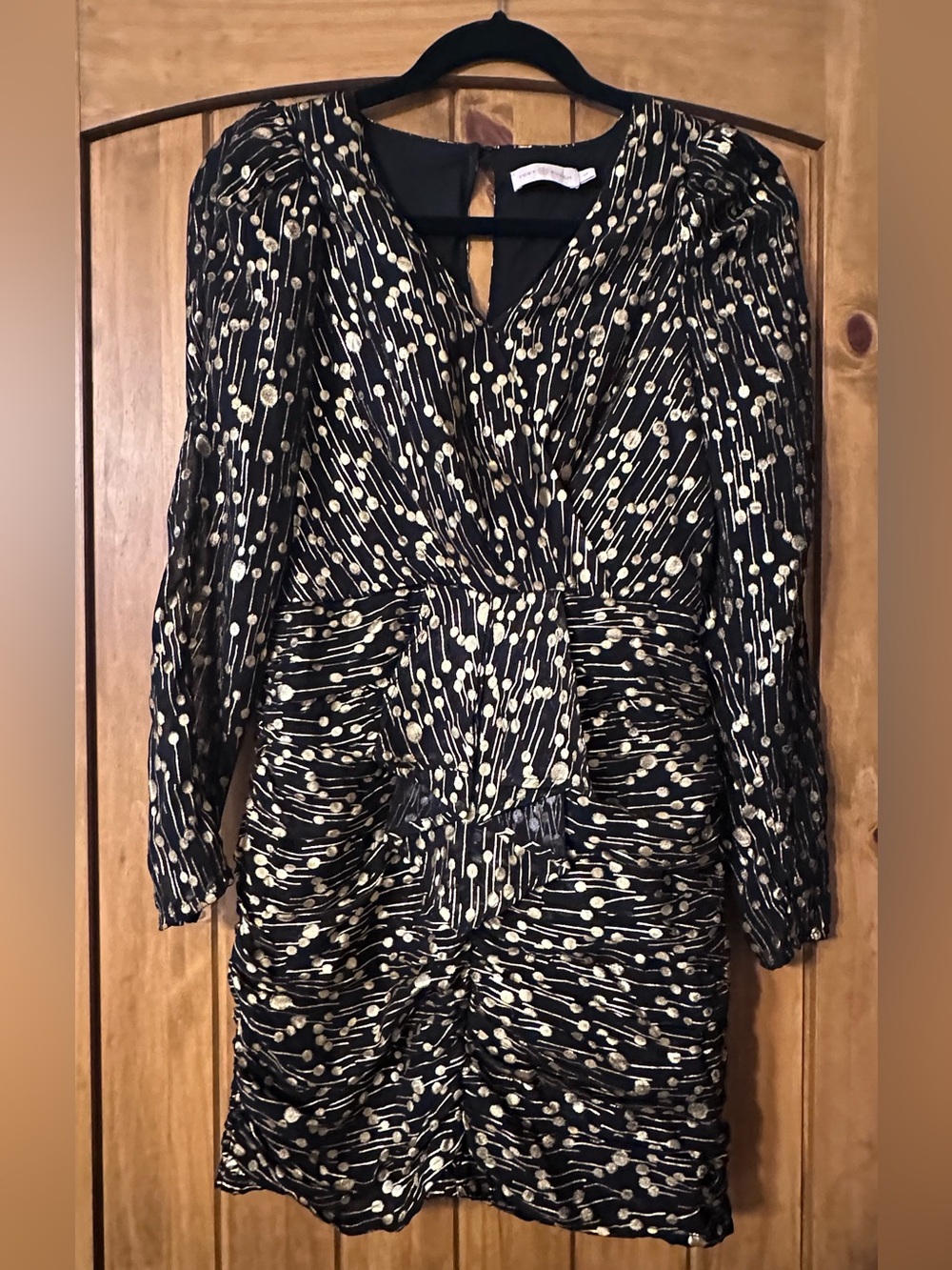 Tory Burch Black and Gold Polka Dot Ruched V-Neck Mini Dress